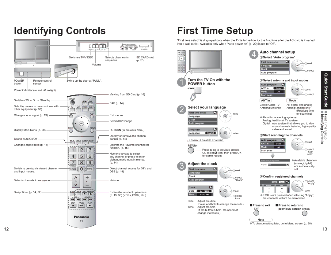 Panasonic TH-42PX60X manual Identifying Controls First Time Setup, Auto channel setup, Adjust the clock 