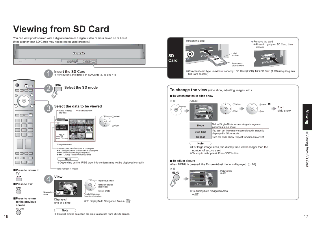 Panasonic TH-42PX60X manual Viewing from SD Card, Insert the SD Card, Select the SD mode, Select the data to be viewed 