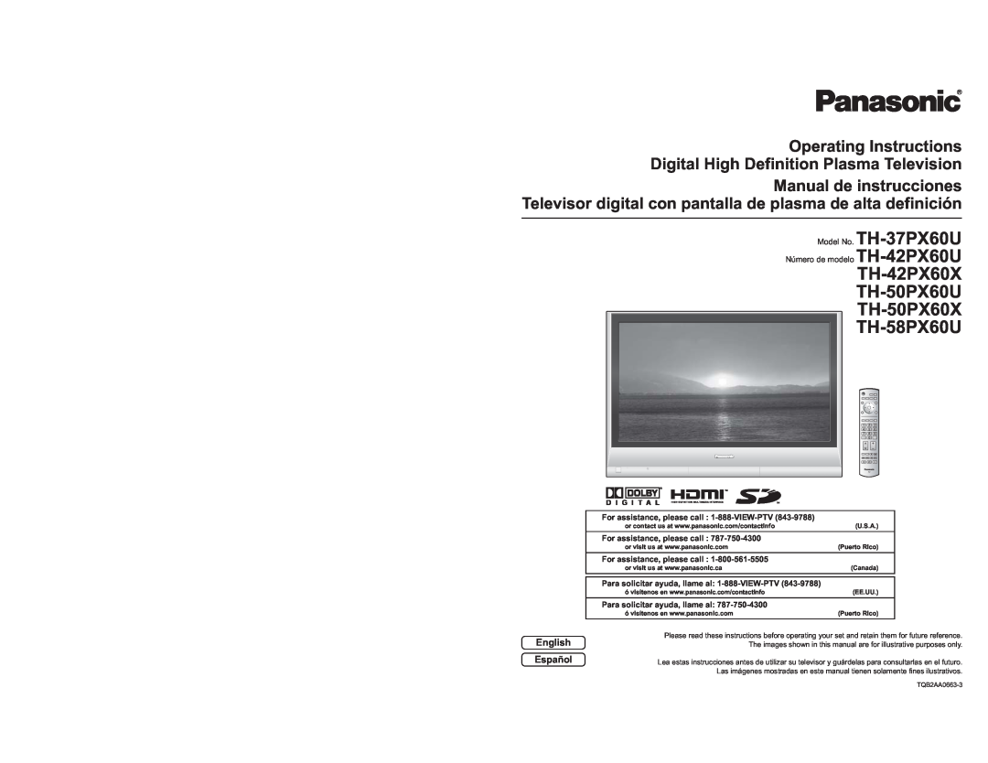 Panasonic TH-42PX60X manual Operating Instructions Digital High Definition Plasma Television, English Español 