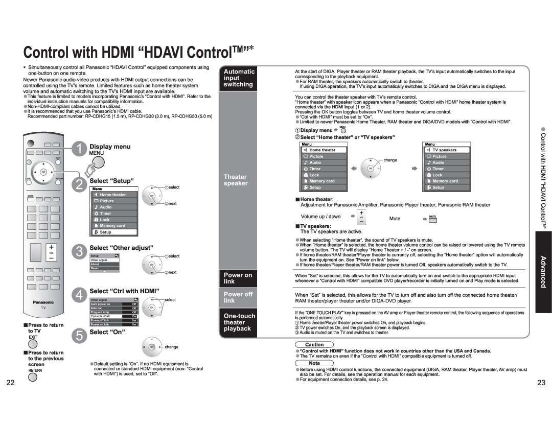 Panasonic TH-42PX60X manual Control with HDMI “HDAVI ControlTM”, Automatic, input, switching, Display menu, Select “Setup” 