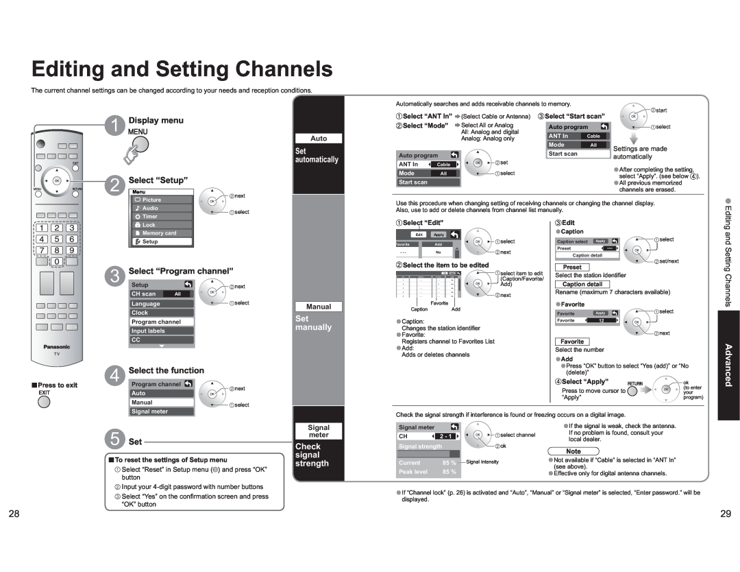 Panasonic TH-42PX60X Editing and Setting Channels, Advanced, Select “Program channel”, Select the function, Set manually 