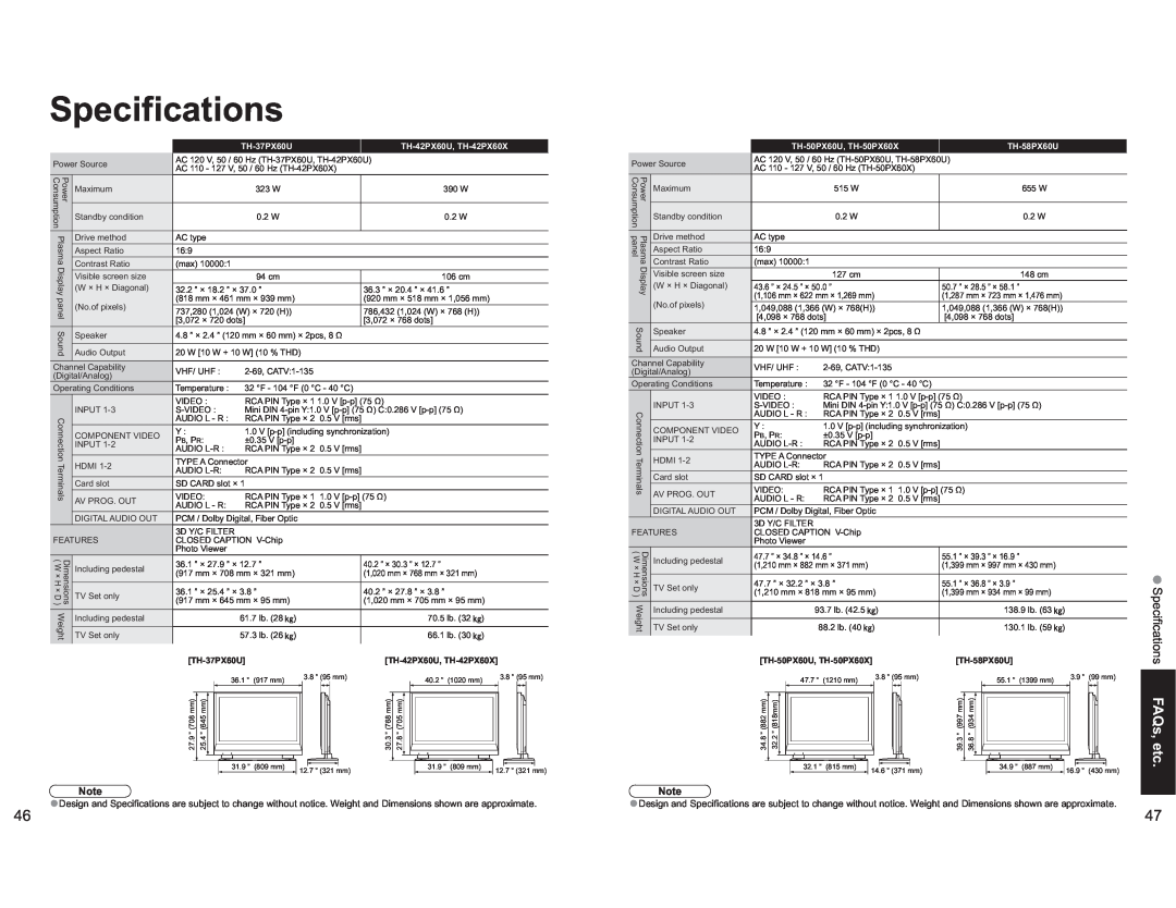Panasonic manual Specifications, TH-37PX60U, TH-42PX60U, TH-42PX60X, TH-50PX60U, TH-50PX60X, TH-58PX60U 