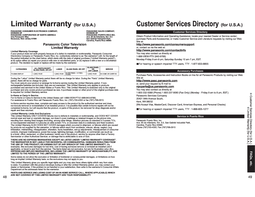 Panasonic TH-42PX60X manual Limited Warranty for U.S.A, Customer Services Directory for U.S.A, npcparts@us.panasonic.com 
