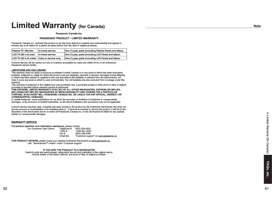 Panasonic TH-42PX60X Limited Warranty for Canada FAQs, etc, Panasonic Product - Limited Warranty, Panasonic Canada Inc 