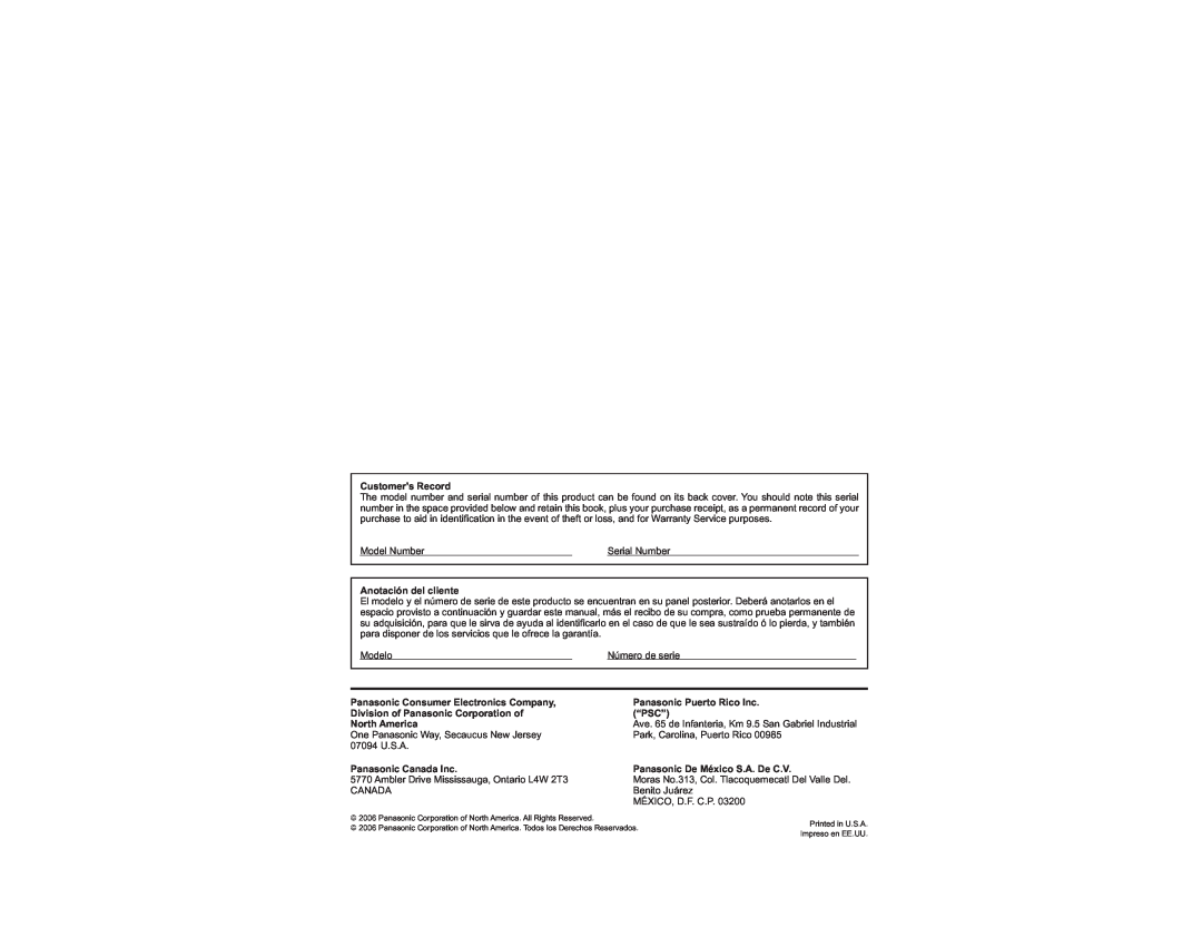 Panasonic TH-42PX60X manual Customer’s Record, Anotación del cliente, Panasonic Puerto Rico Inc, “Psc”, North America 