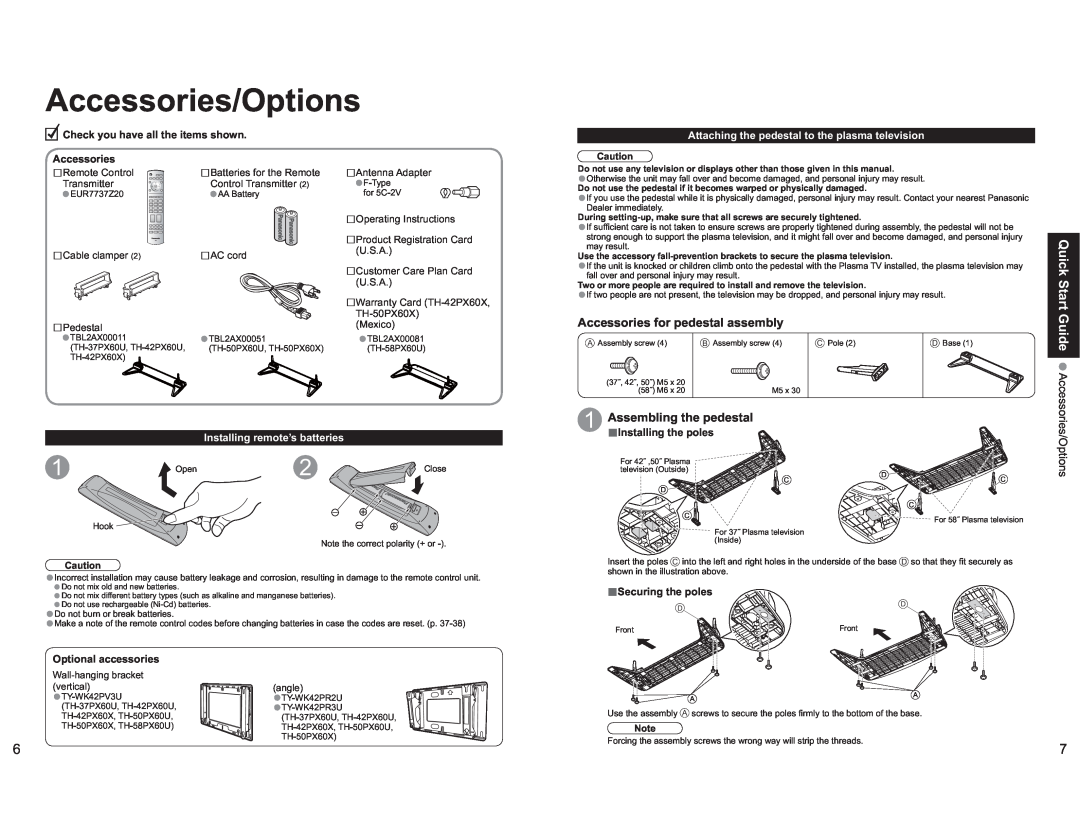 Panasonic TH-42PX60X manual Accessories/Options, Quick Start, Accessories for pedestal assembly, Assembling the pedestal 