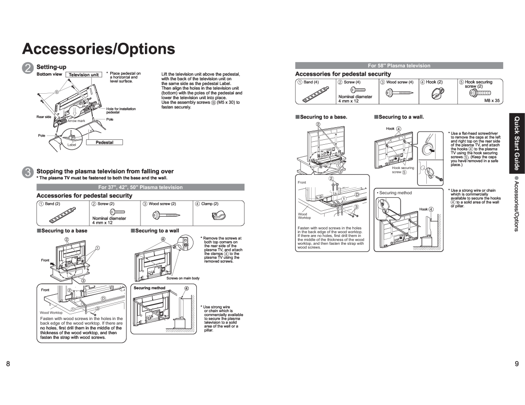 Panasonic TH-42PX60X Setting-up, Accessories for pedestal security, Quick Start Guide, For 58 Plasma television, Pedestal 