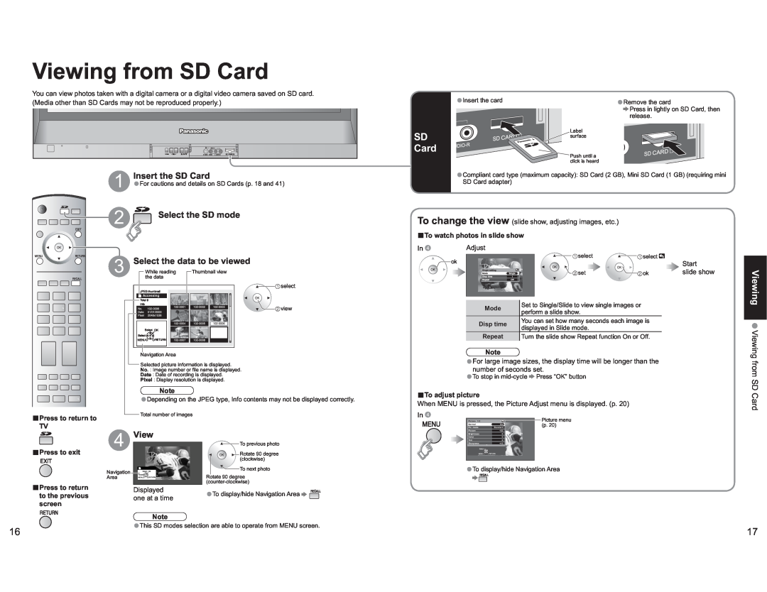 Panasonic TH-42PX60X Viewing from SD Card, Insert the SD Card, Select the SD mode, Select the data to be viewed, 1617 