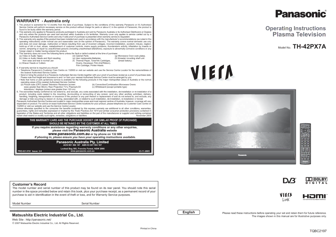 Panasonic operating instructions Warranty Australia only, Customer’s Record, English, Model No. TH-42PX7A 