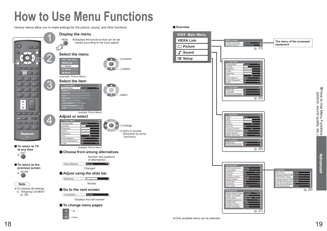 Panasonic TH-42PX7A operating instructions Display the menu, Select the menu, Select the item, Adjust or select, Main Menu 