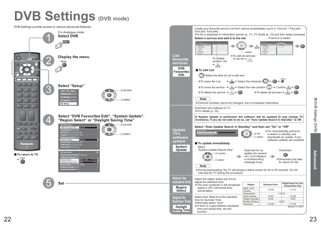 Panasonic TH-42PX7A operating instructions DVB Settings DVB mode, List favourite services, Update TV’s software system 