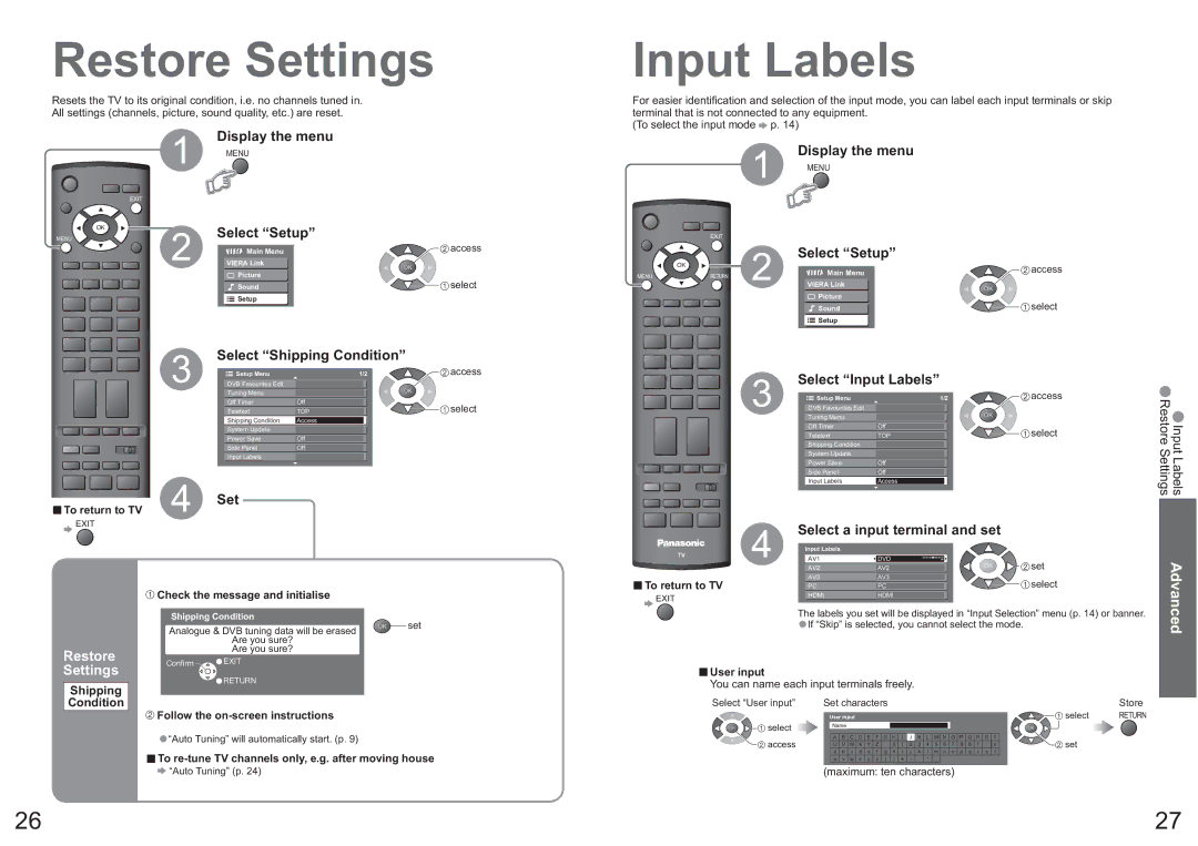 Panasonic TH-42PX7A Restore Settings, Select Shipping Condition, Select Input Labels, Select a input terminal and set 