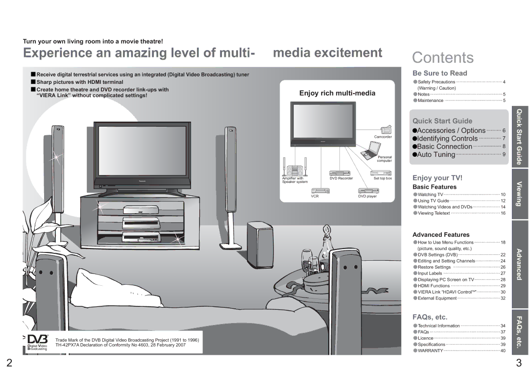 Panasonic TH-42PX7A operating instructions Contents 