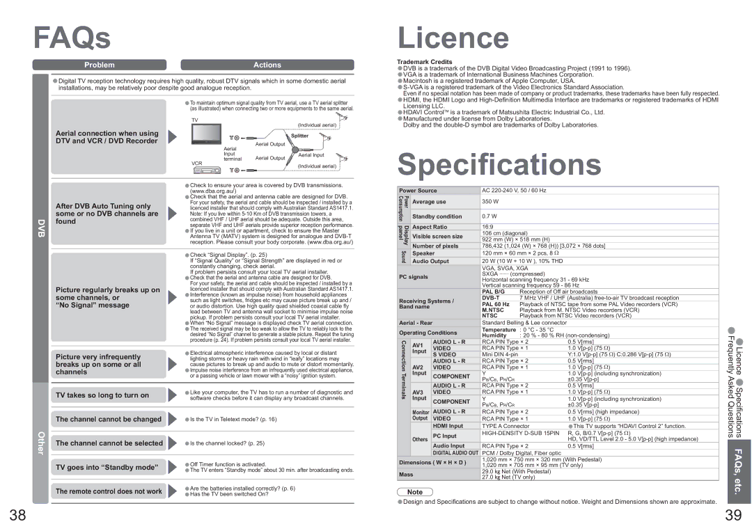 Panasonic TH-42PX7A operating instructions Licence, Speciﬁcations 