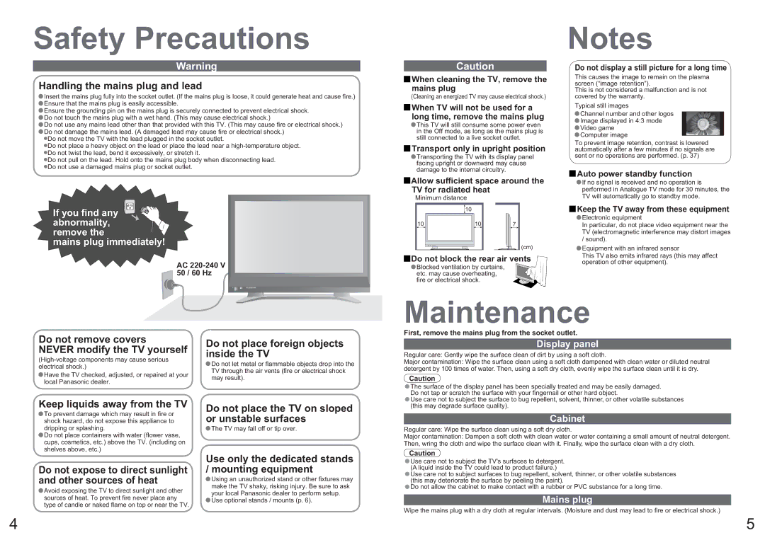 Panasonic TH-42PX7A operating instructions Safety Precautions, Maintenance 