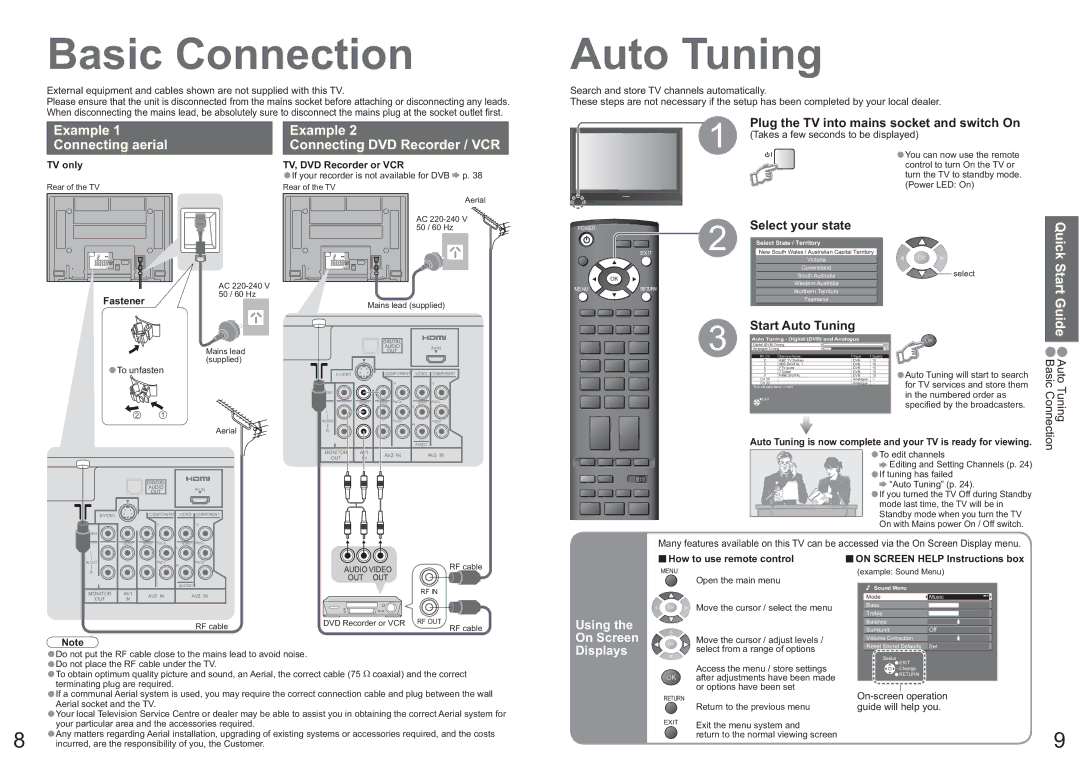 Panasonic TH-42PX7A Basic Connection, Auto Tuning, Example Connecting aerial, Connecting DVD Recorder / VCR 