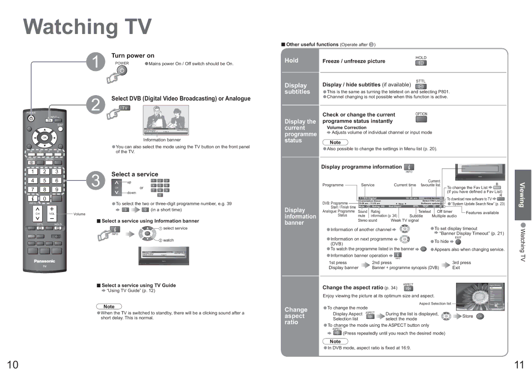 Panasonic TH-42PX7A operating instructions Watching TV, Viewing, Hold Display subtitles, Change aspect ratio 