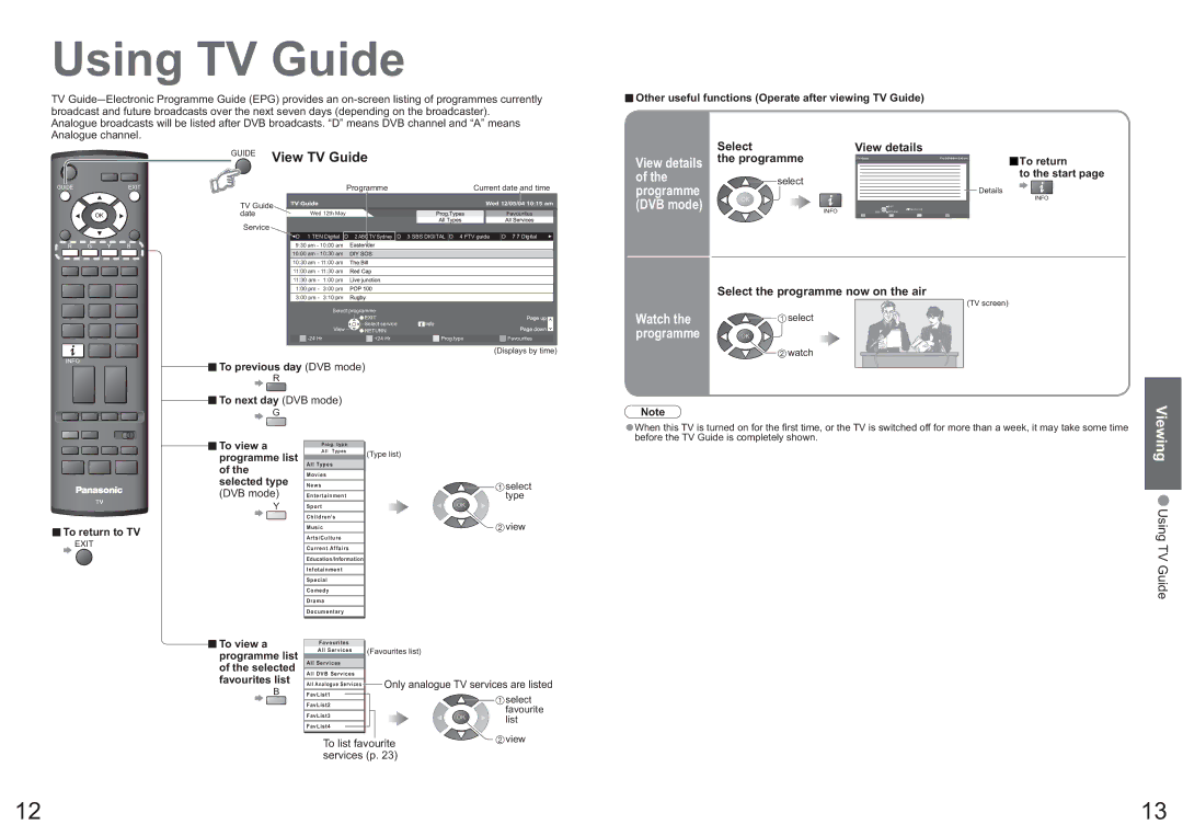 Panasonic TH-42PX7A Using TV Guide, View TV Guide, Select View details, Programme, Select the programme now on the air 