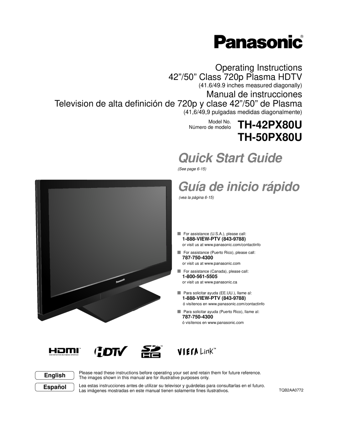 Panasonic TH-42PX80U quick start Operating Instructions 42/50 Class 720p Plasma Hdtv, View-Ptv 