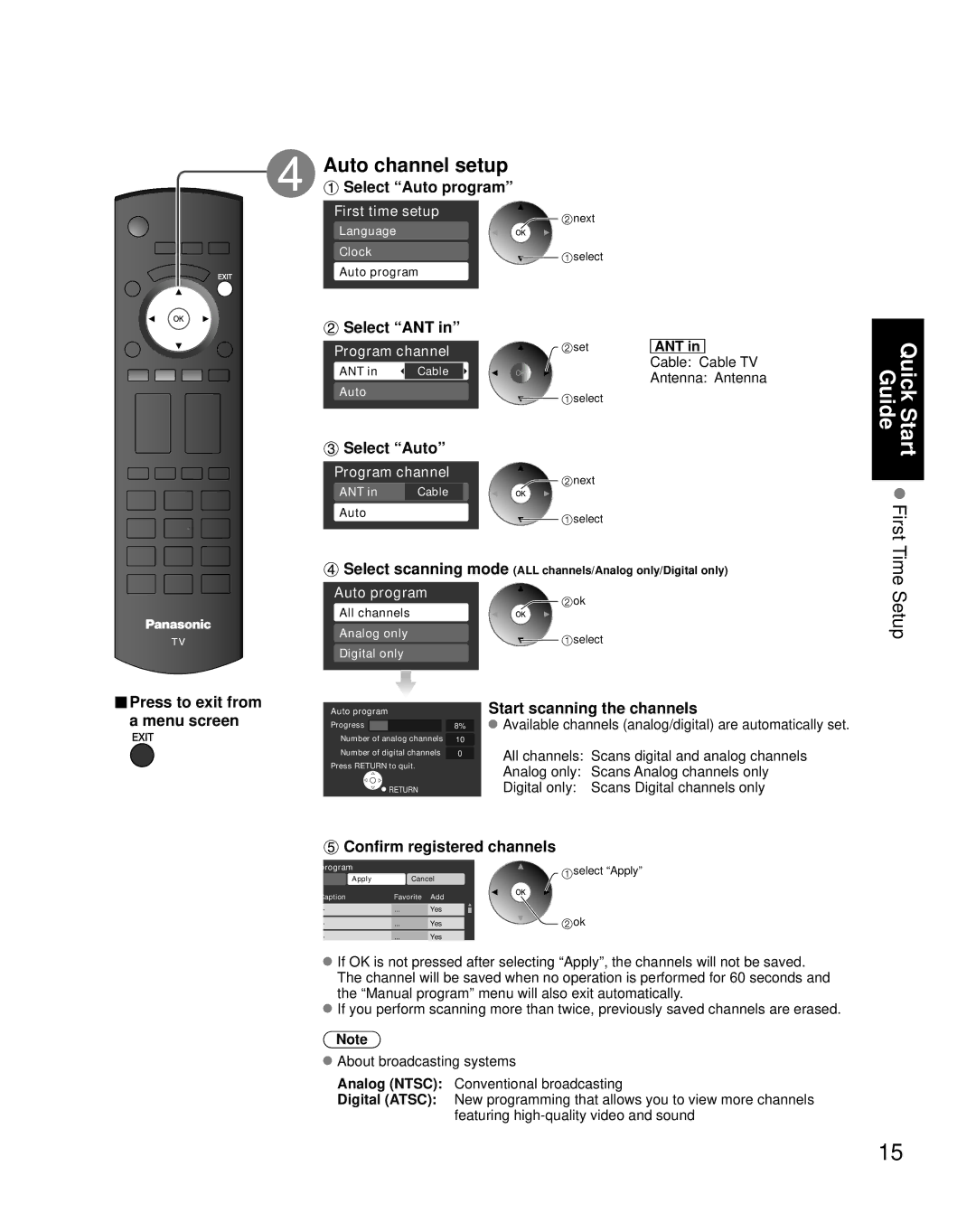 Panasonic TH-42PX80U quick start Auto channel setup 