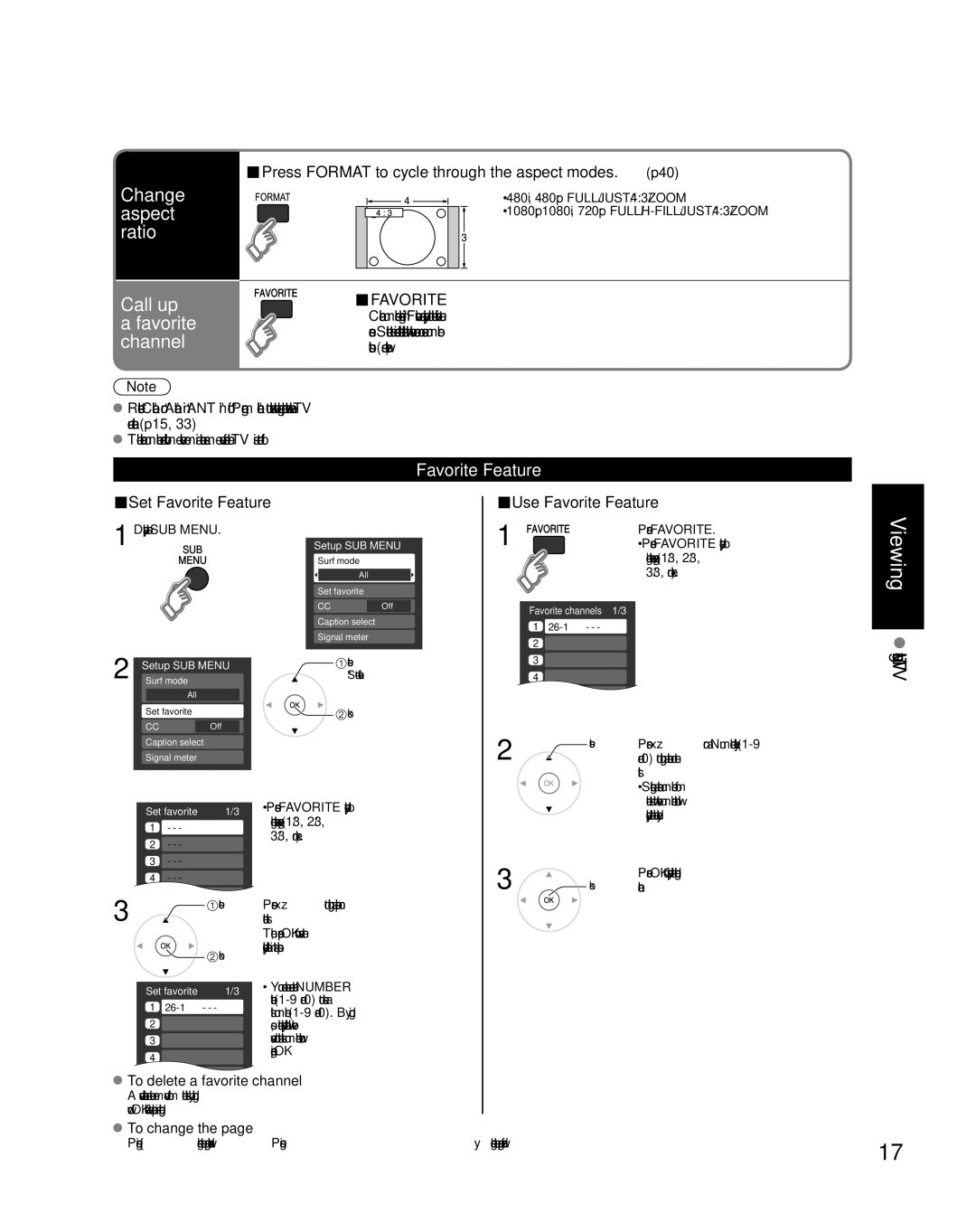 Panasonic TH-42PX80U Change aspect ratio Call up Favorite channel, Set Favorite Feature, Use Favorite Feature 