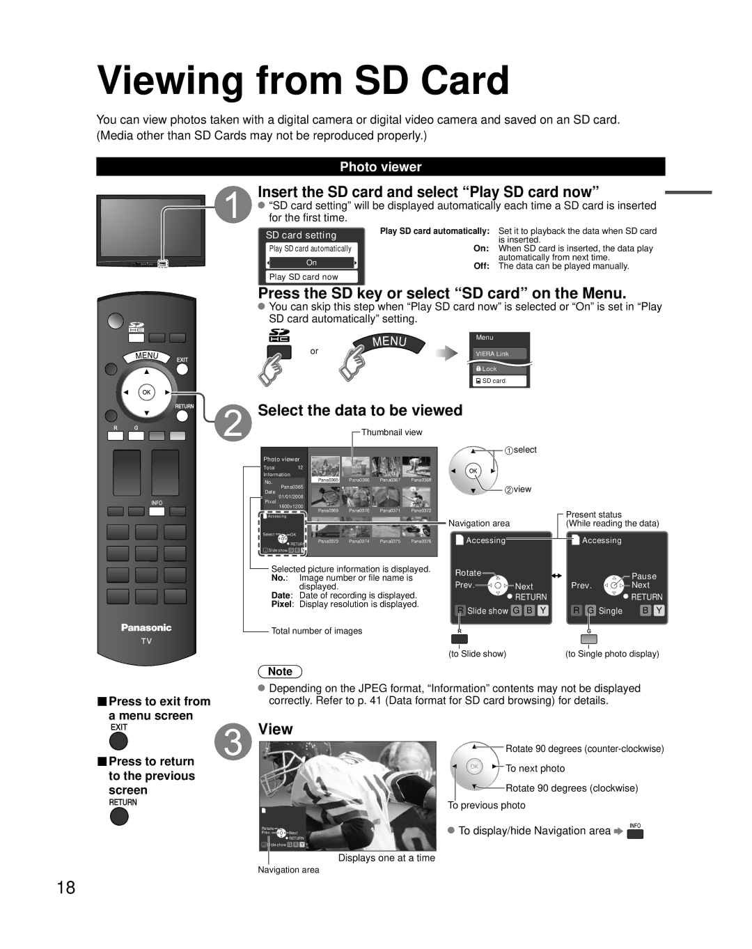 Panasonic TH-42PX80U Viewing from SD Card, Insert the SD card and select Play SD card now, Select the data to be viewed 