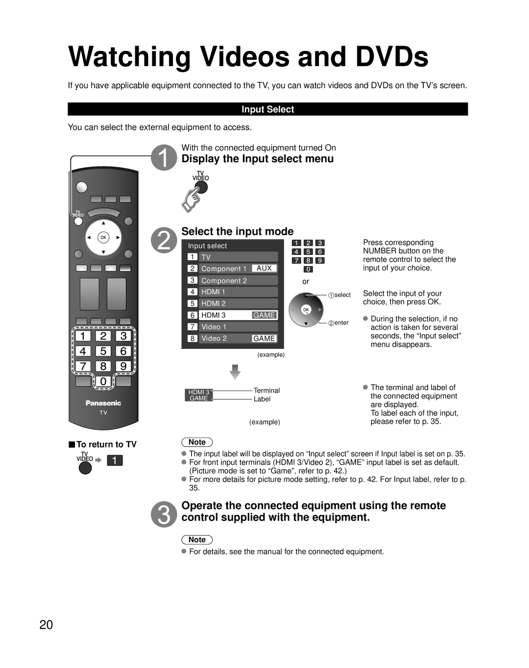 Panasonic TH-42PX80U Watching Videos and DVDs, Display the Input select menu Select the input mode, Input Select 