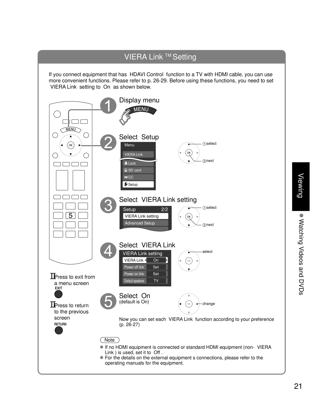 Panasonic TH-42PX80U quick start Display menu Select Setup, Select Viera Link setting, Select On 