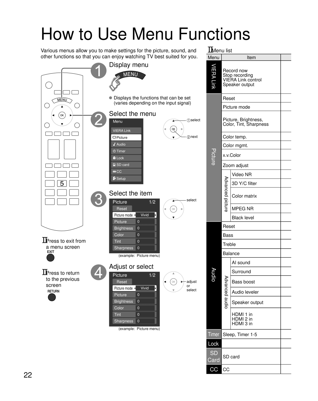 Panasonic TH-42PX80U quick start How to Use Menu Functions, Display menu, Select the menu, Select the item 