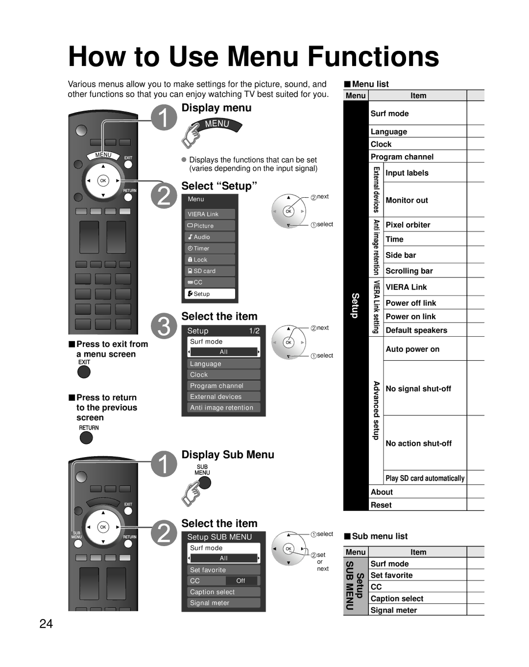 Panasonic TH-42PX80U quick start Display Sub Menu, Setup, Press to return, To the previous, Sub menu list 