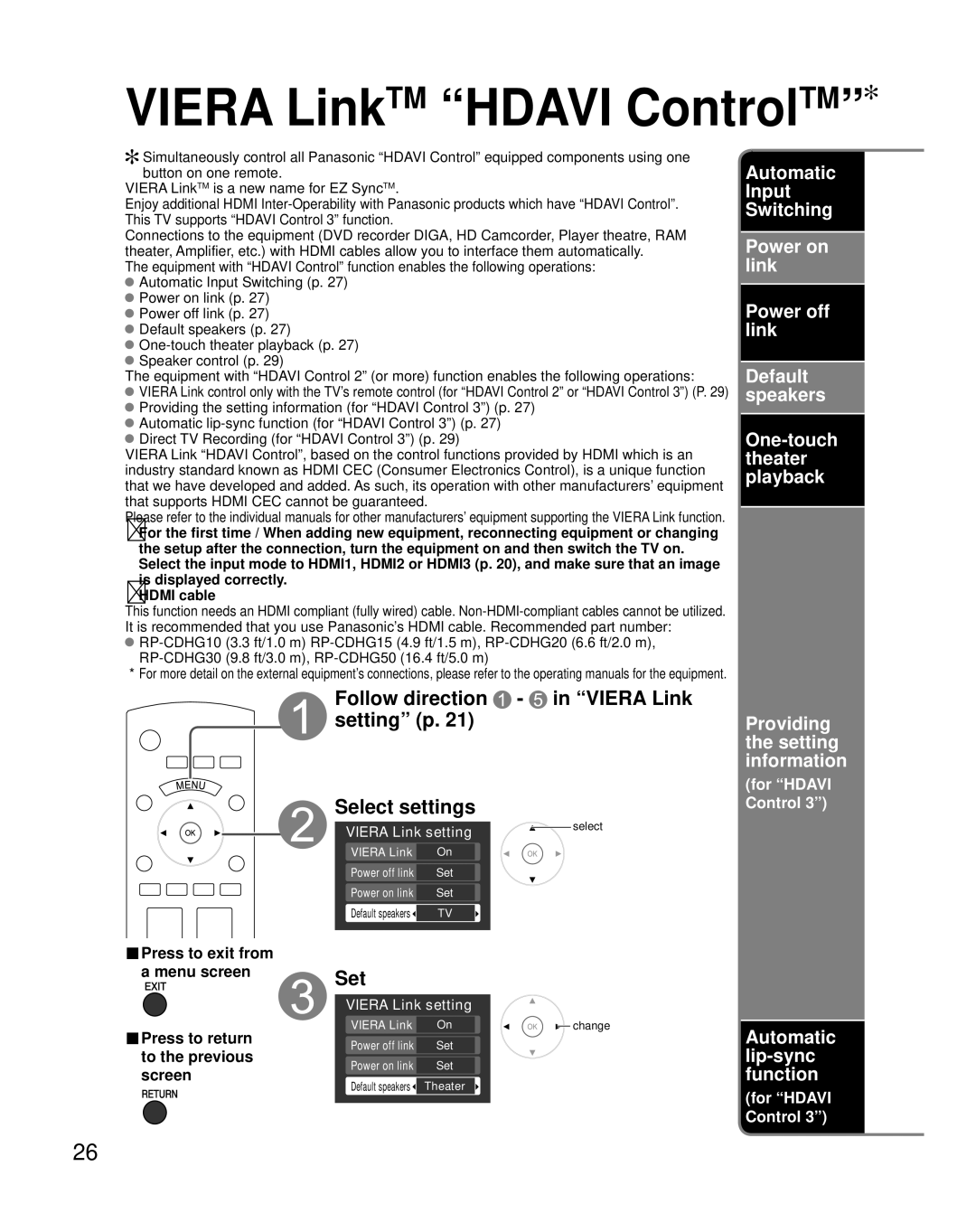 Panasonic TH-42PX80U Select settings, Automatic Input Switching, Setting p Providing the setting information 