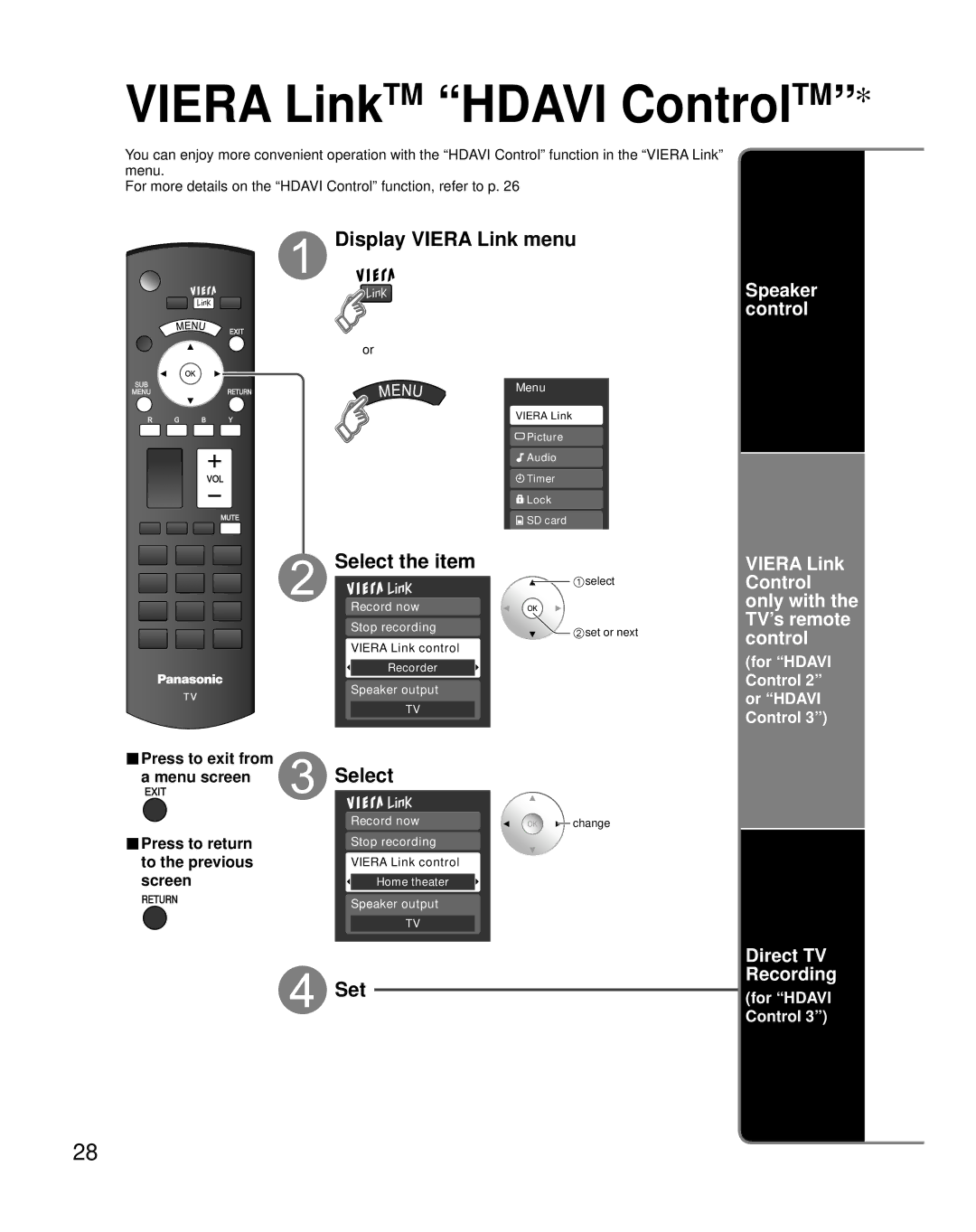 Panasonic TH-42PX80U Viera LinkTM Hdavi ControlTM, Display Viera Link menu, Speaker control, Direct TV Recording 