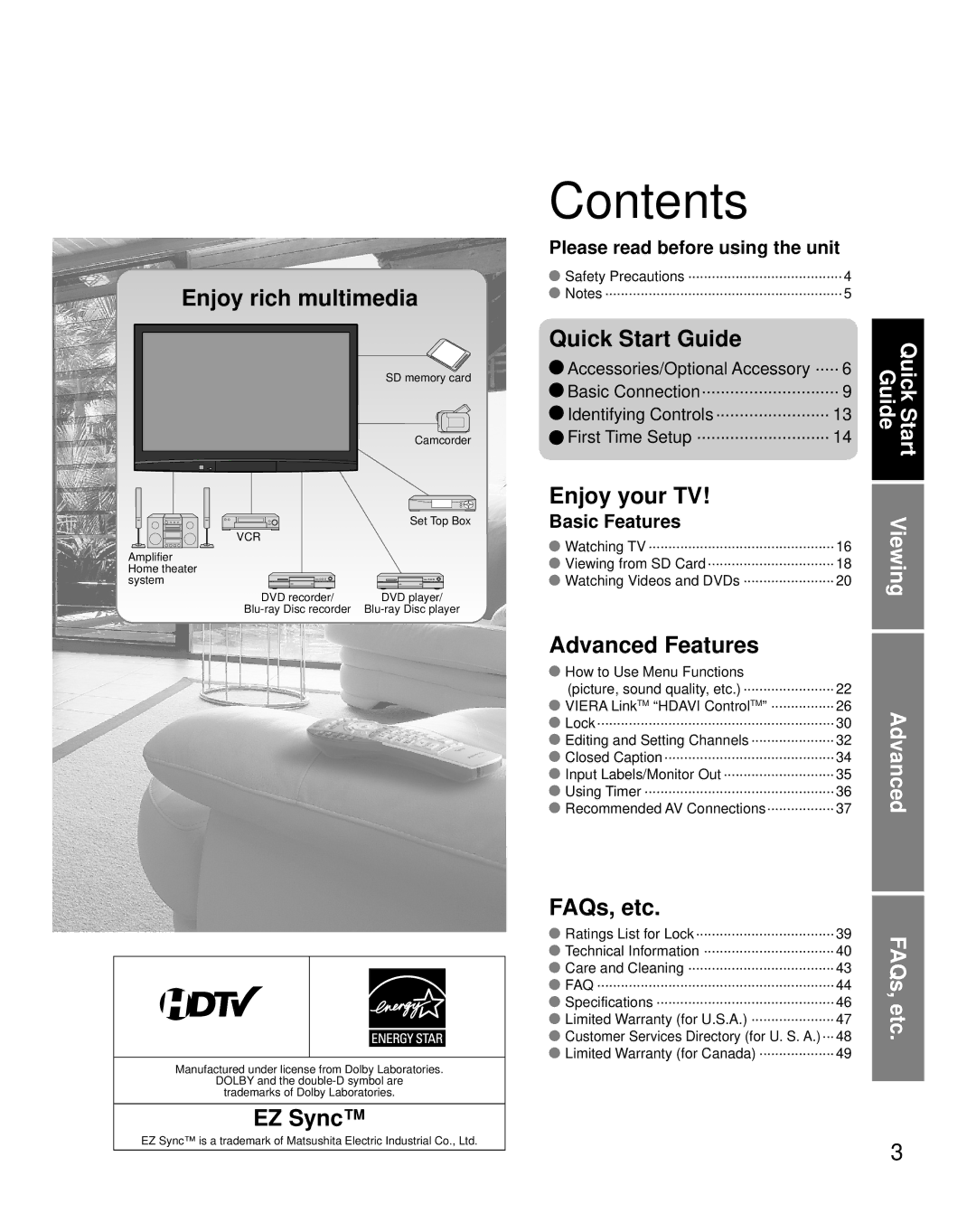 Panasonic TH-42PX80U quick start Contents 