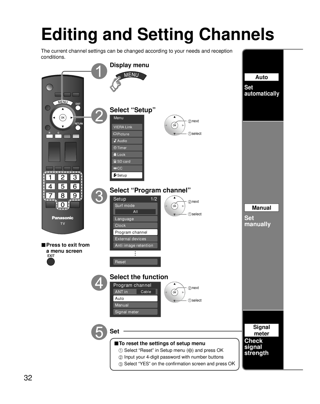 Panasonic TH-42PX80U quick start Editing and Setting Channels, Select Program channel, Select the function 