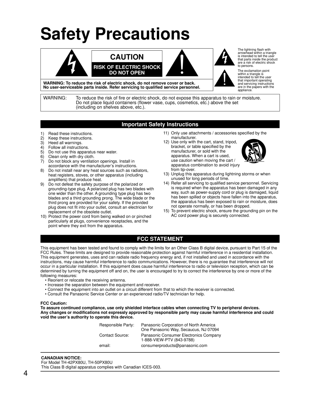 Panasonic TH-42PX80U quick start Safety Precautions, Important Safety Instructions 