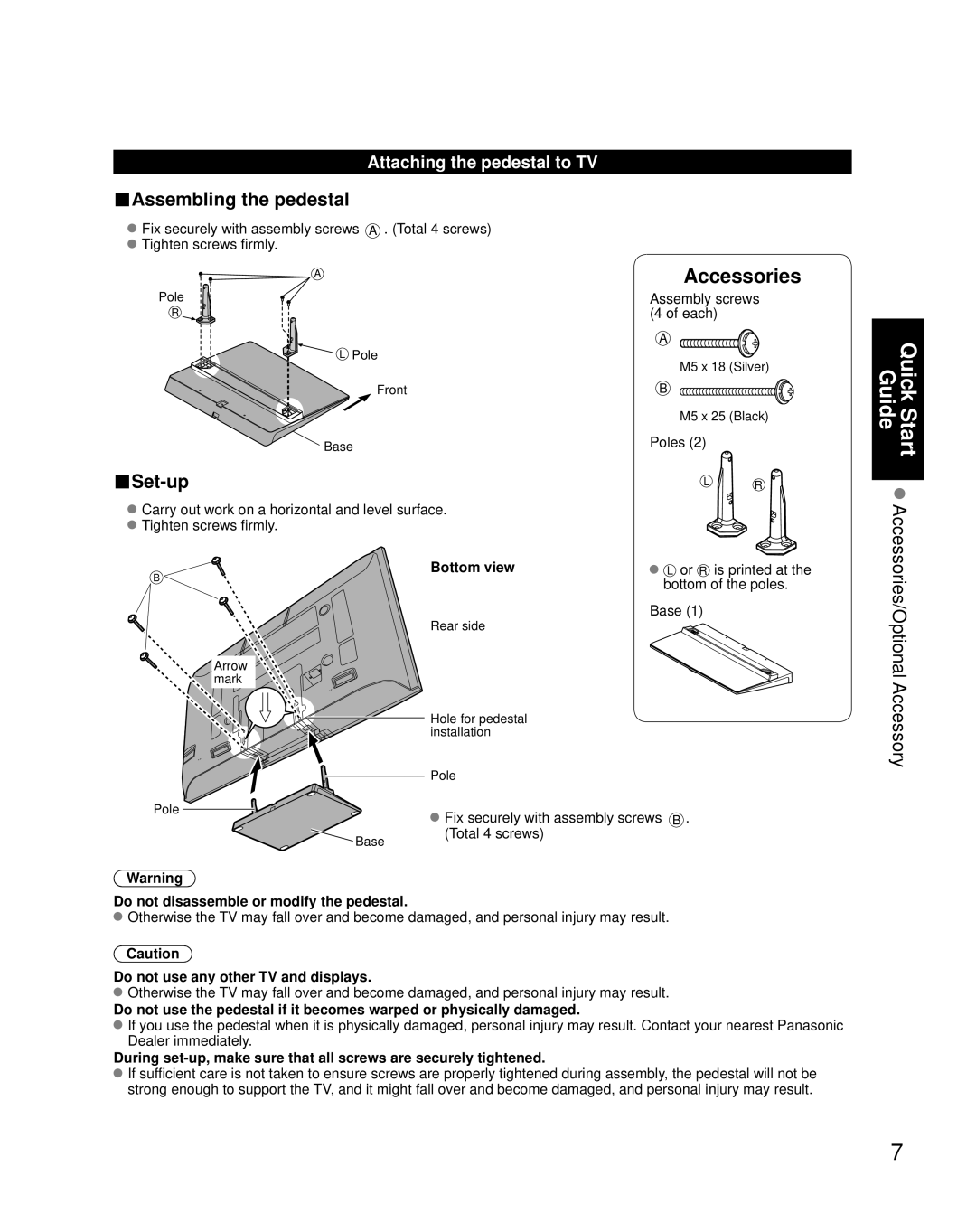 Panasonic TH-42PX80U quick start Attaching the pedestal to TV, Bottom view, Do not disassemble or modify the pedestal 