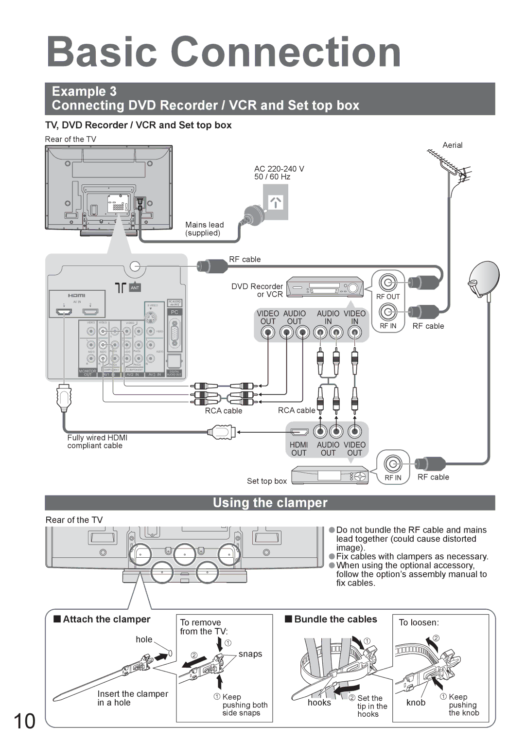 Panasonic TH-42PX8A manual Example Connecting DVD Recorder / VCR and Set top box, Using the clamper, Attach the clamper 