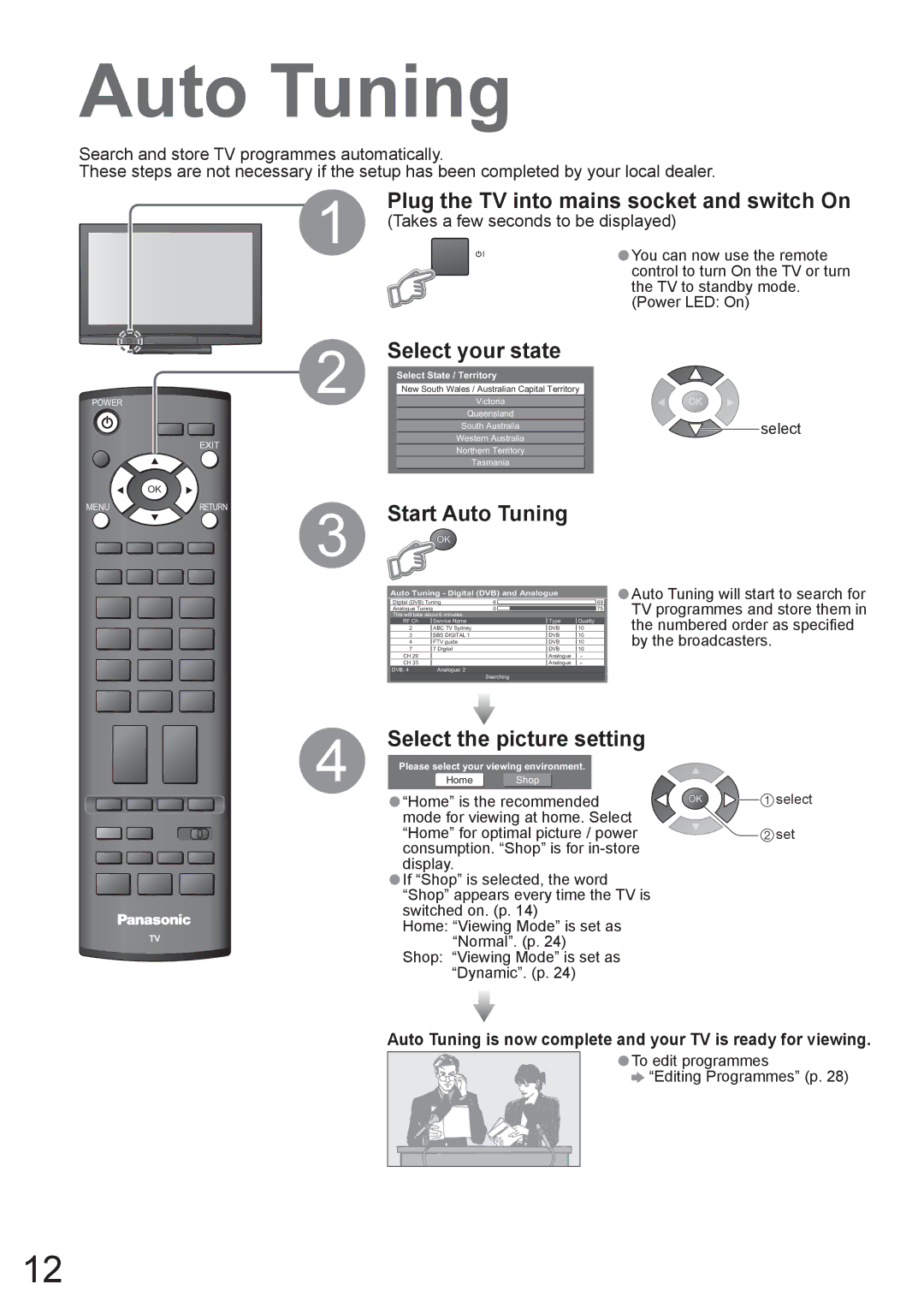 Panasonic TH-42PX8A manual Auto Tuning, Plug the TV into mains socket and switch On, Select your state 