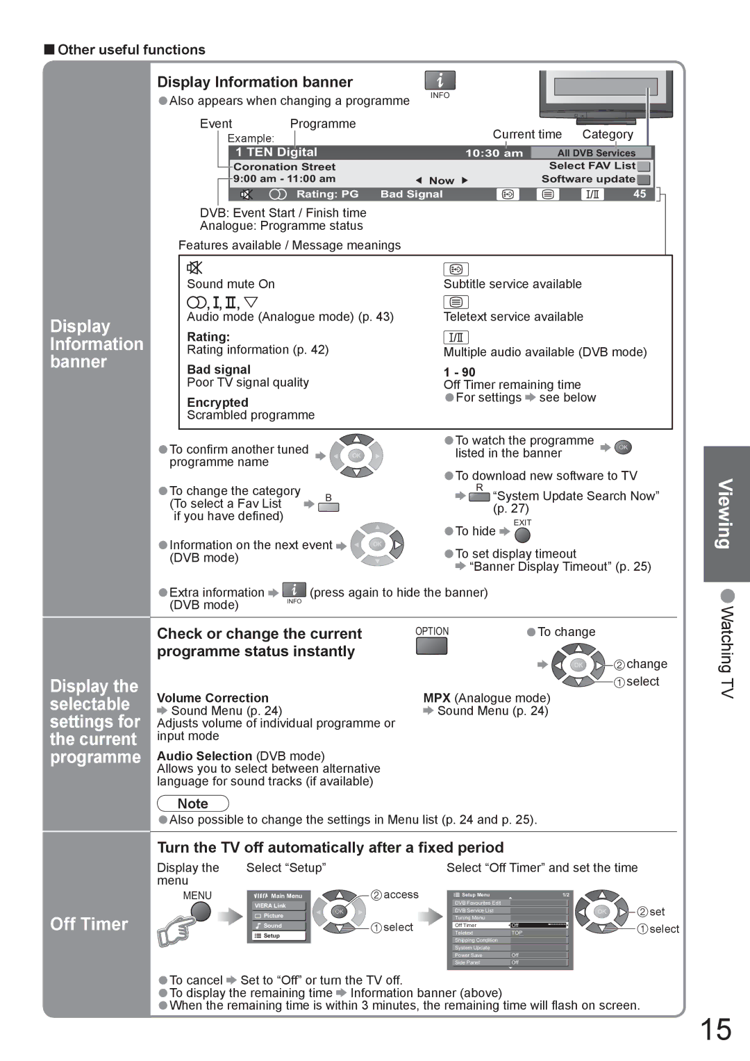 Panasonic TH-42PX8A manual Viewing Watching, Information, Banner, Off Timer 