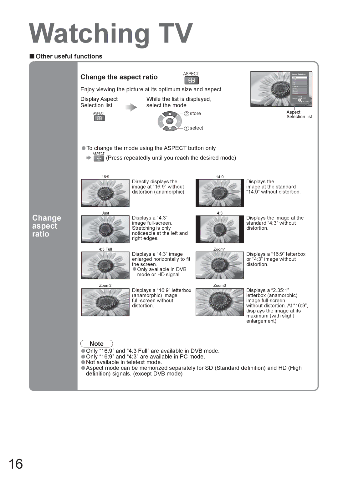 Panasonic TH-42PX8A manual Aspect, Ratio, Change the aspect ratio, Selection list Select the mode 