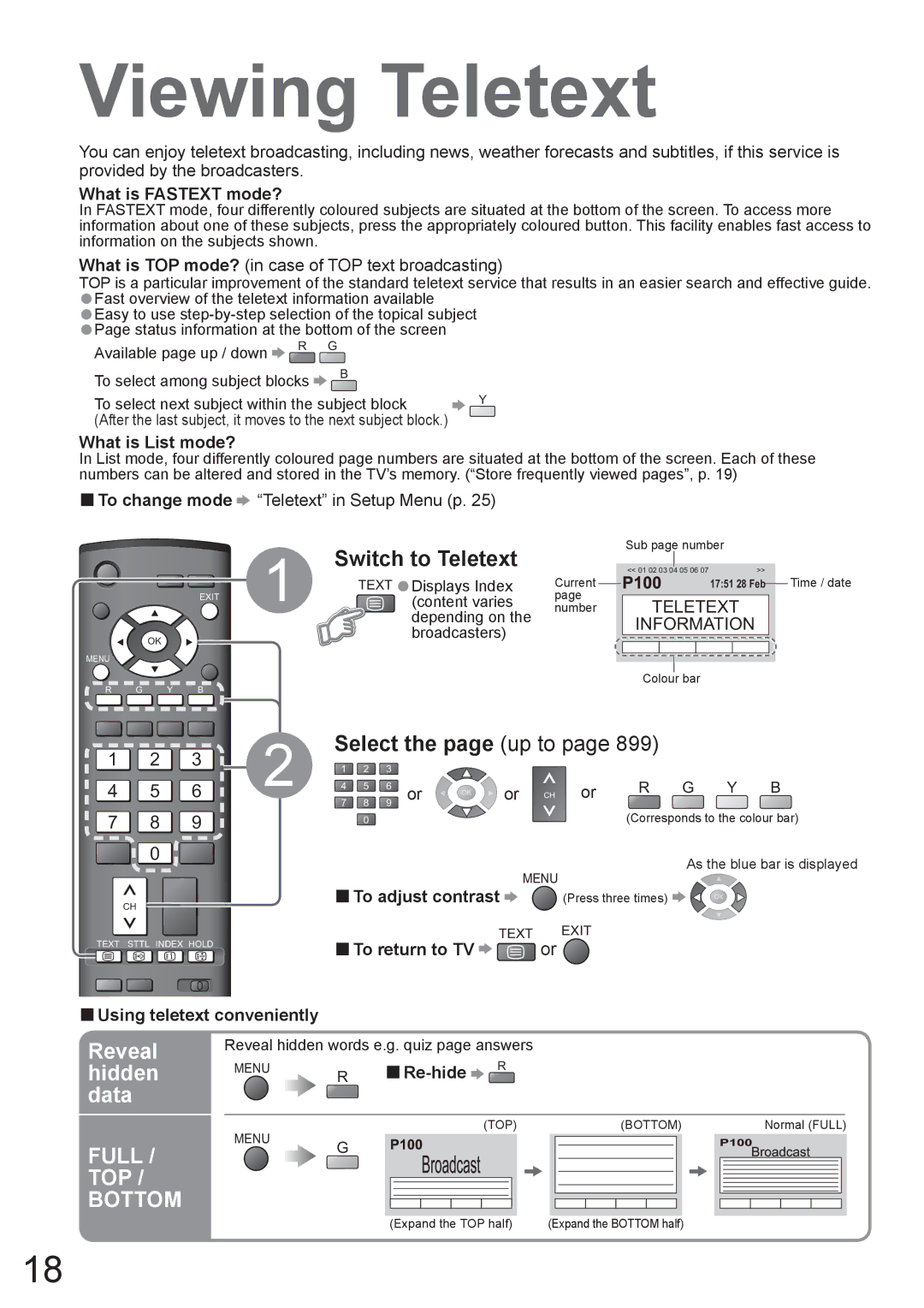 Panasonic TH-42PX8A manual Viewing Teletext, Reveal, Hidden, Data 