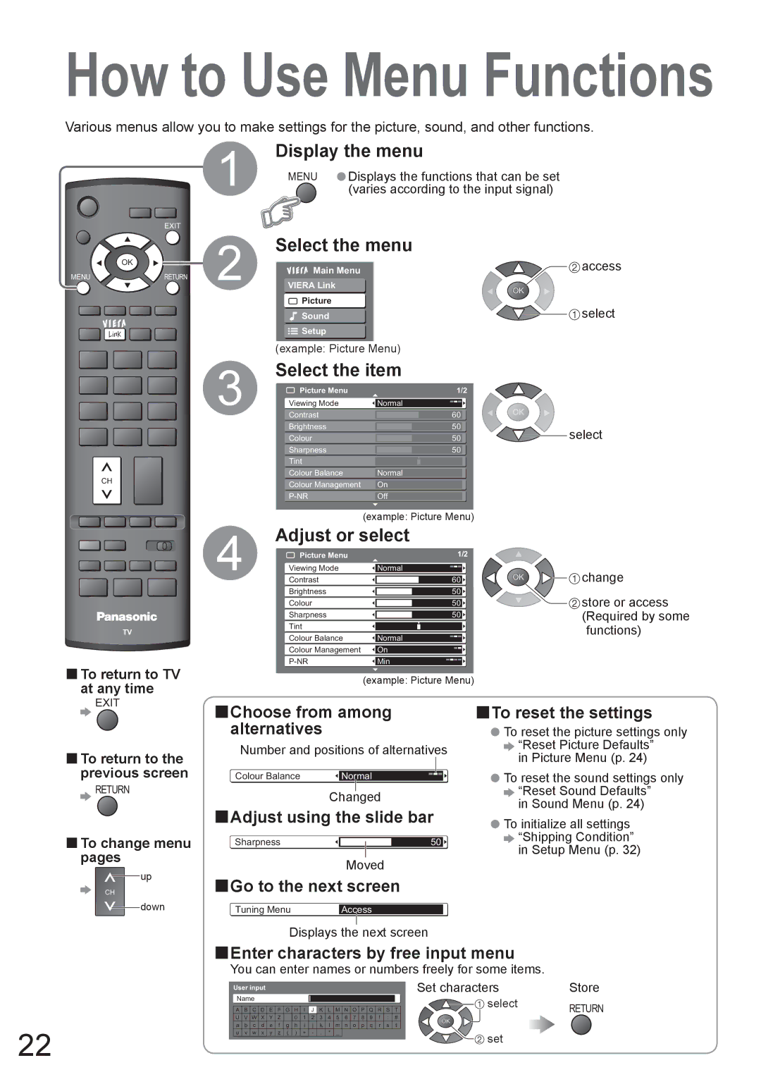 Panasonic TH-42PX8A manual Display the menu, Select the menu, Select the item, Adjust or select 