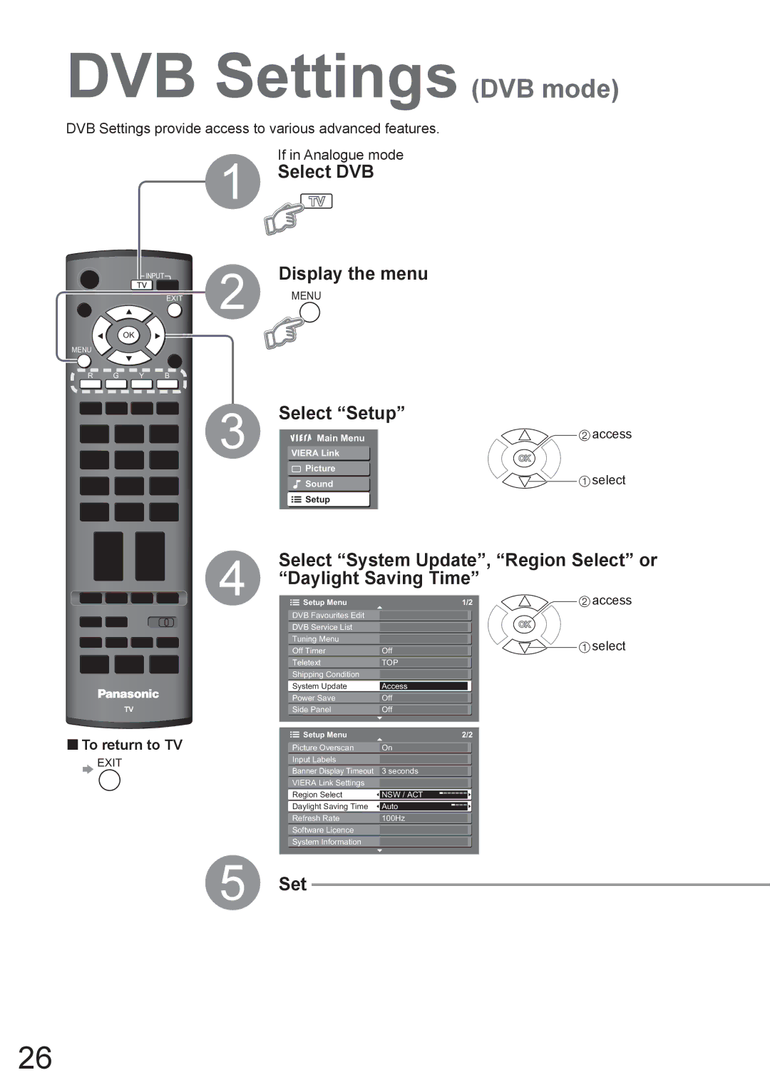 Panasonic TH-42PX8A manual DVB Settings DVB mode, Select DVB Display the menu, Select Setup 