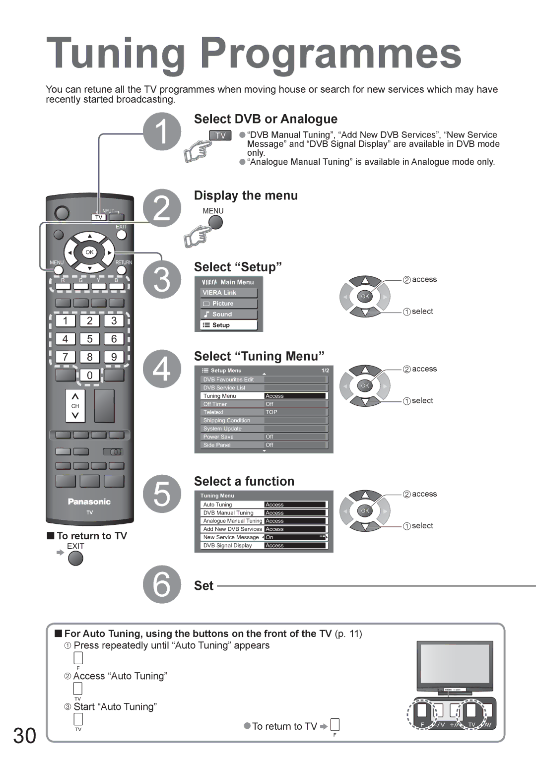 Panasonic TH-42PX8A manual Tuning Programmes, Select Tuning Menu, Select a function 