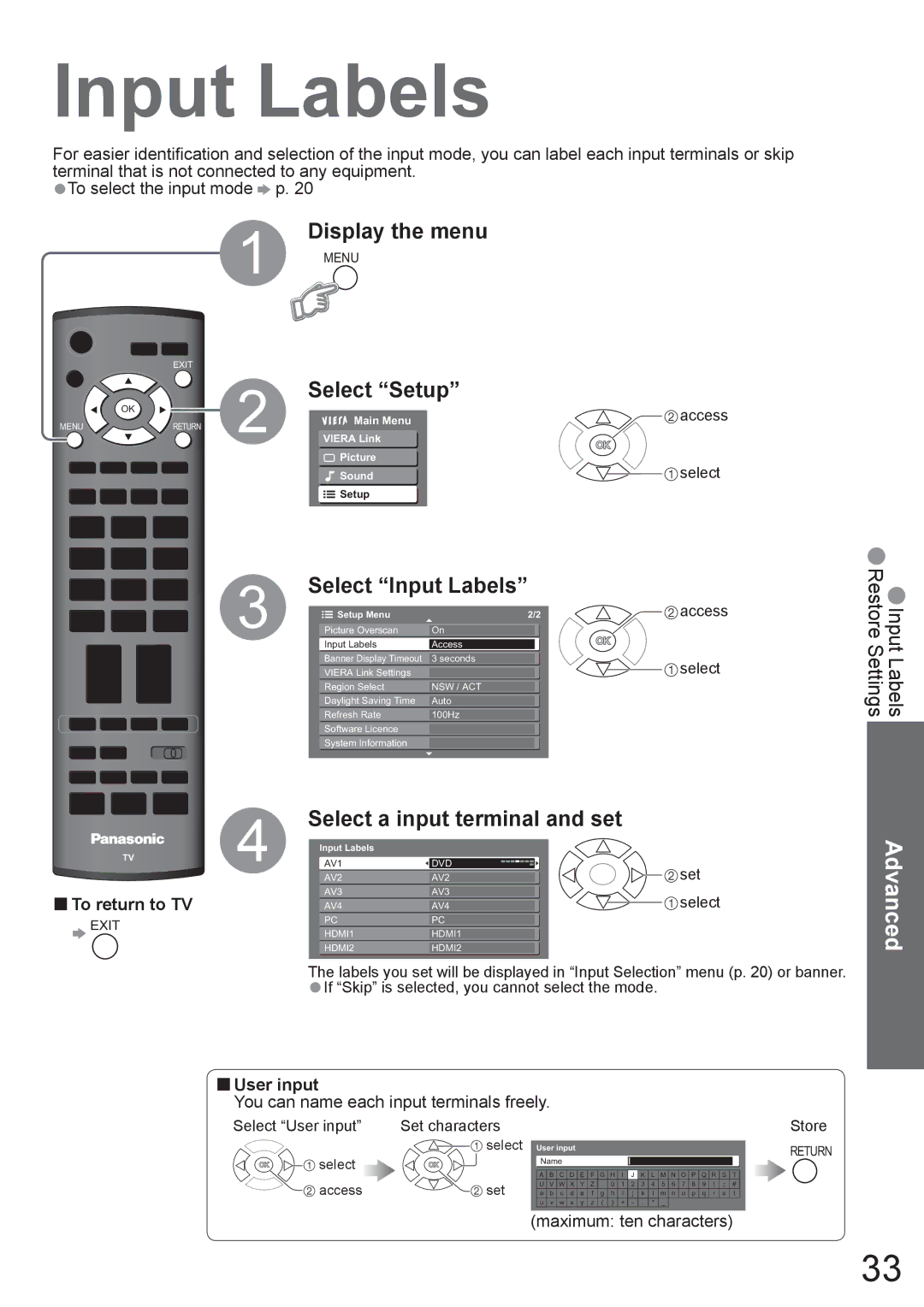 Panasonic TH-42PX8A manual Select Input Labels, Select a input terminal and set, User input 