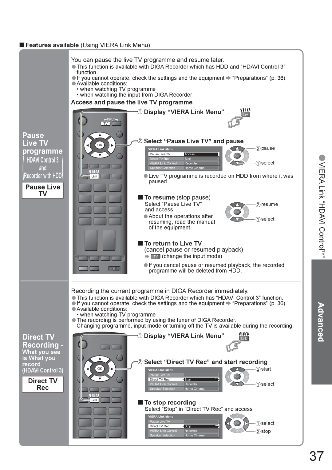 Panasonic TH-42PX8A manual Pause Live, Direct TV Rec 