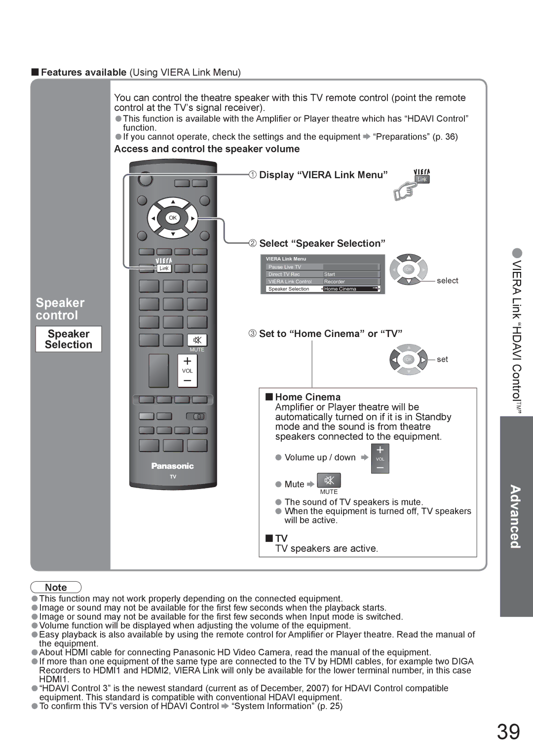 Panasonic TH-42PX8A manual Speaker control, Speaker Selection 