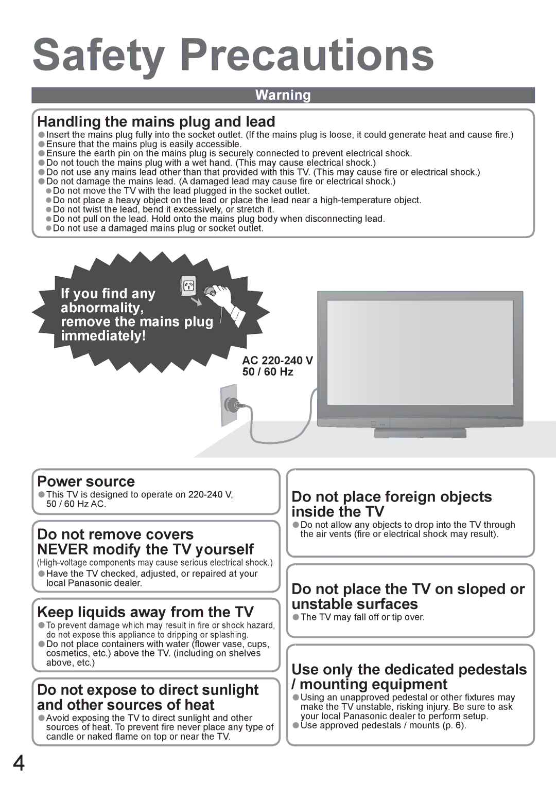 Panasonic TH-42PX8A manual Safety Precautions, AC 220-240 V 50 / 60 Hz, TV may fall off or tip over 