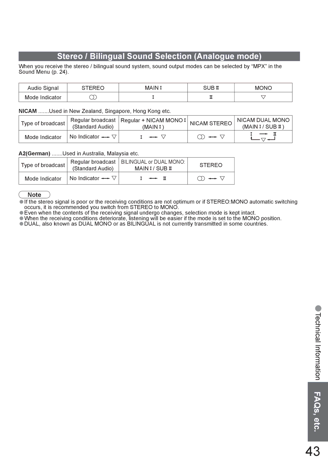 Panasonic TH-42PX8A manual Stereo / Bilingual Sound Selection Analogue mode, Standard Audio, Bilingual or Dual Mono 