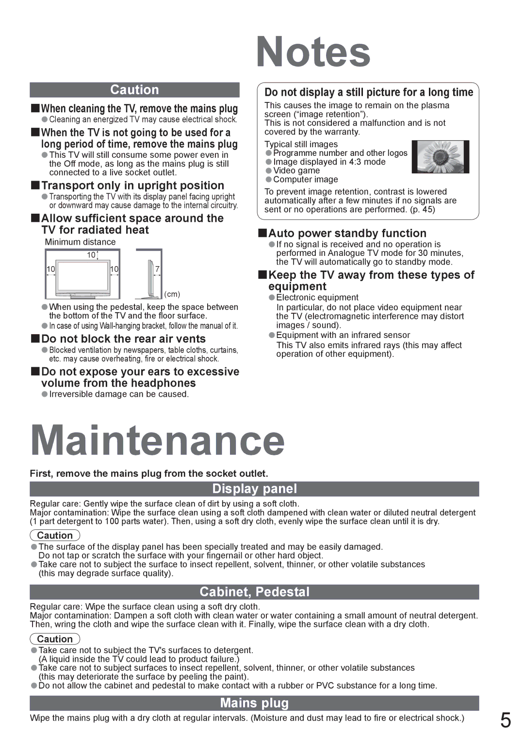 Panasonic TH-42PX8A manual Maintenance, Display panel, Cabinet, Pedestal, Mains plug 